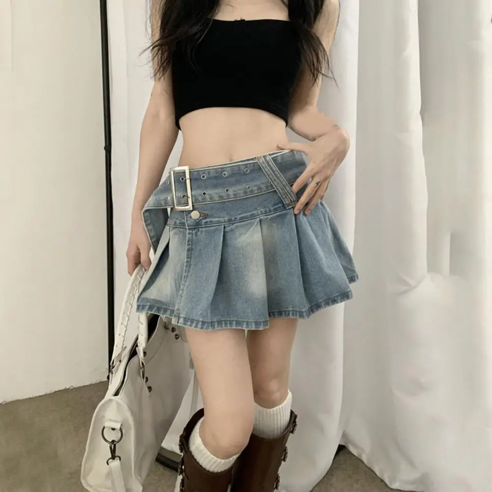 

Women Mini Skirt Pleated Skirt A-line Loose Hem Skirt High Waist Belted Adjustable Waist Split Clubwear Lady Dating Skirt