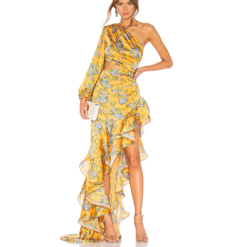 Women's Fashion Sexy Slim Bag Hip Skirt Oblique Shoulder Floral Irregular Lotus Leaf Dress Female
Women's Fashion Sexy Slim Bag Hip Skirt Oblique Shoulder Floral Irregular Lotus Leaf Dress Female