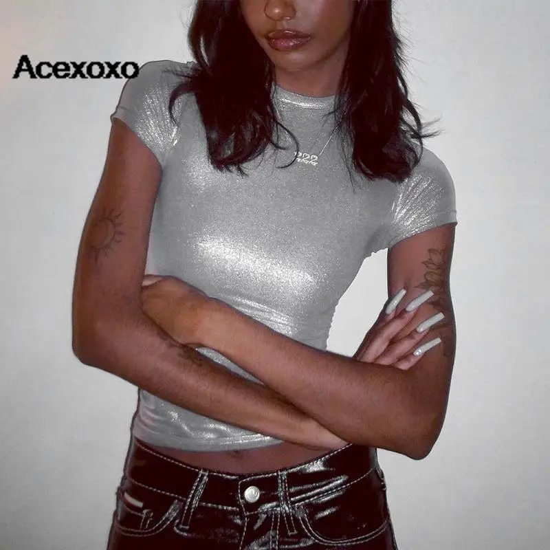 2023 spring new European style women's metal color round neck short sleeve tight T-shirt top
2023 spring new European style women's metal color round neck short sleeve tight T-shirt top