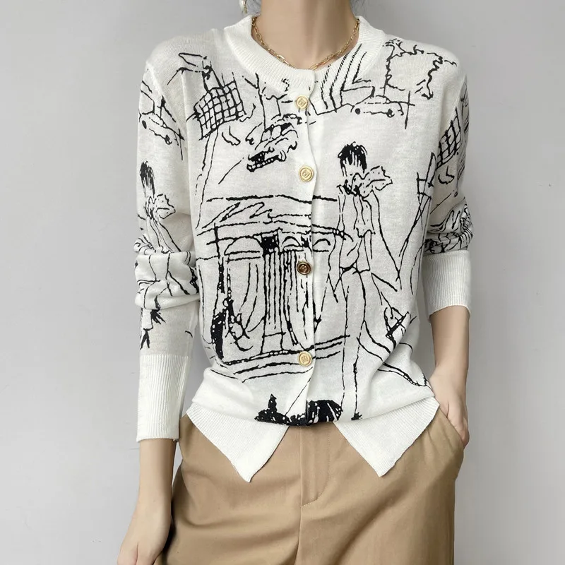 Autumn New Worsted Ultra-Thin Micro-Permeable Wool Knitted Cardigan Women's Design Sense Cashmere Graffiti Sweater Coat
Autumn New Worsted Ultra-Thin Micro-Permeable Wool Knitted Cardigan Women's Design Sense Cashmere Graffiti Sweater Coat