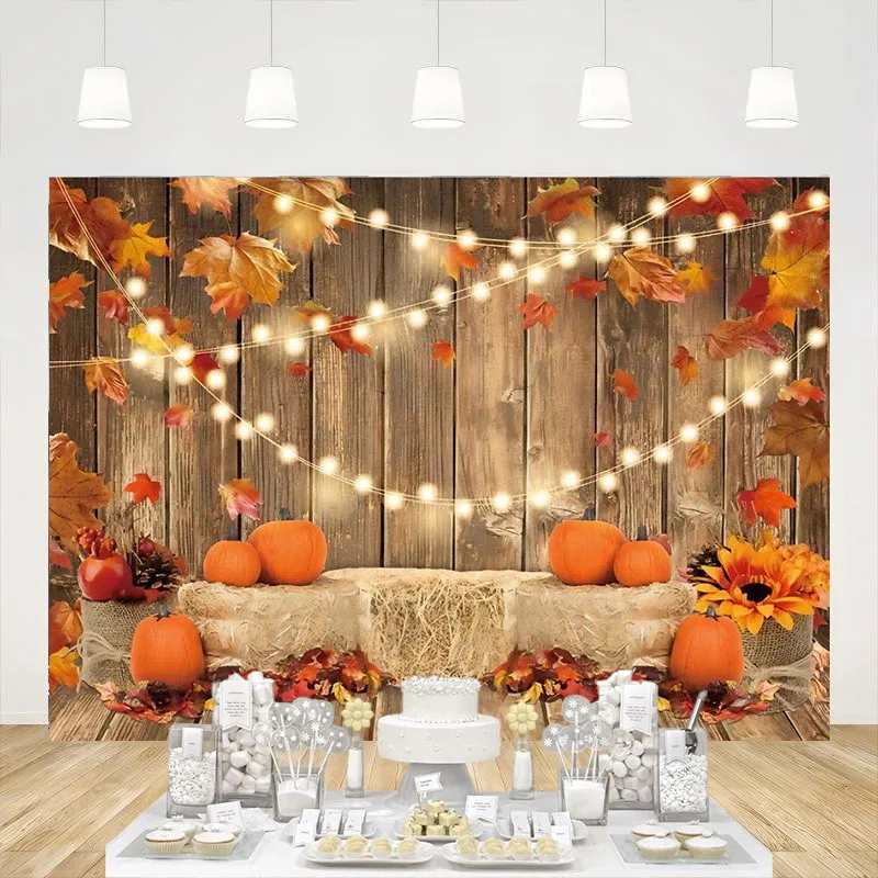 

Fall Pumpkin Photography Backdrop Autumn Thanksgiving Harvest Leaves Wooden Background Maple Baby Shower Banner Party Decoration