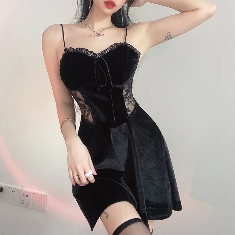 Goth Women Sexy Velvet Lace Dress Gothic Summer Gothic Sleeveless Backless Floral Solid Color Short Dress Ladies Clubwear 2022
Goth Women Sexy Velvet Lace Dress Gothic Summer Gothic Sleeveless Backless Floral Solid Color Short Dress Ladies Clubwear 2022