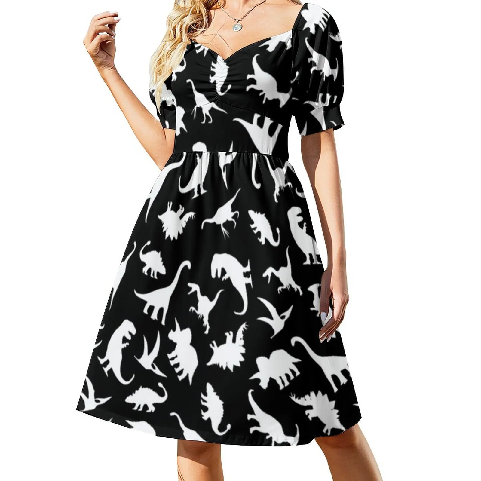 

Женское винтажное платье с рисунком динозавров, белое платье с V-образным вырезом, Забавный мультяшный динозавр, повседневное летнее платье...