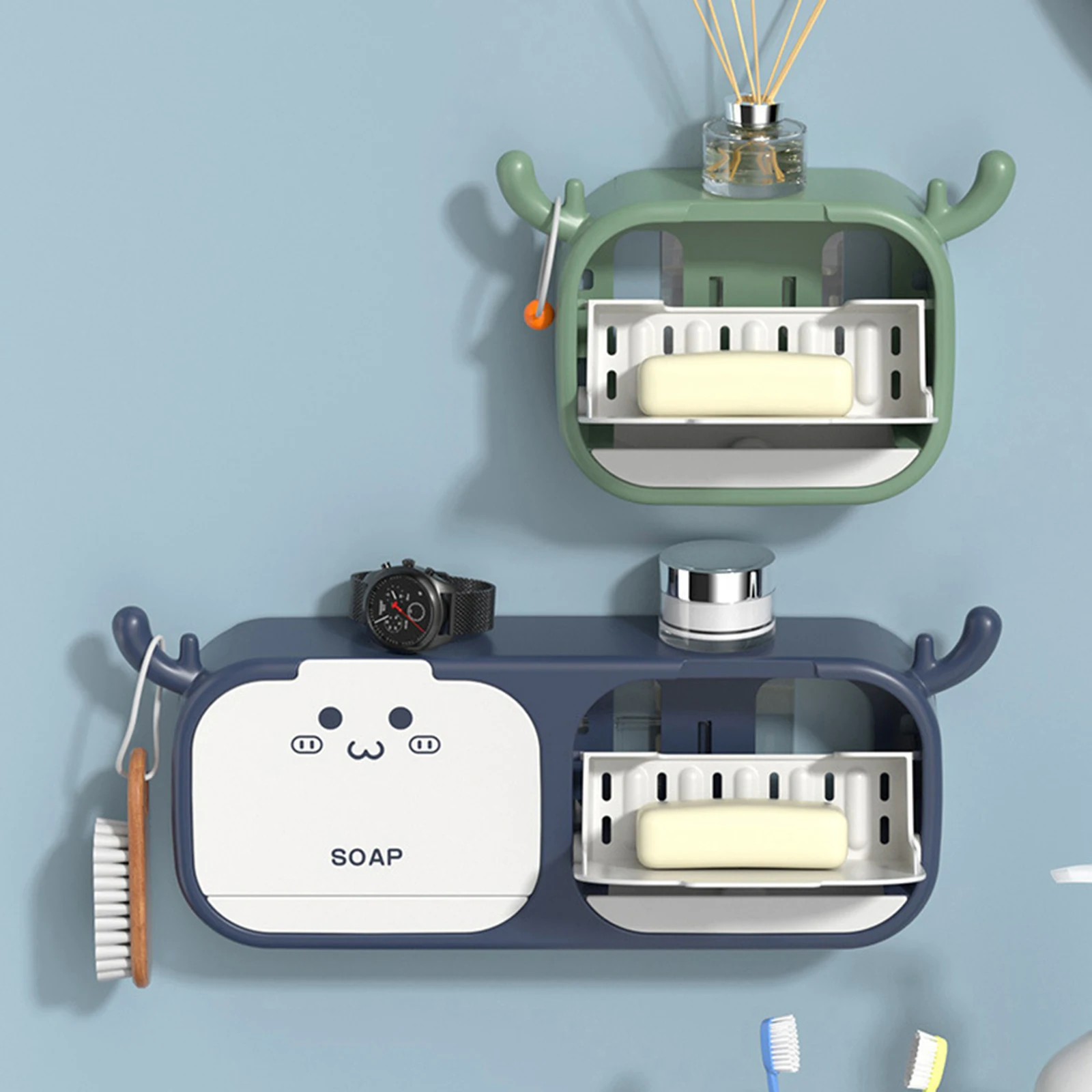 Cartoon Bathroom Deer Horn Soap Box Wall-Mounted Single And Double Doors No Perforation Flip Cover Draining Soap Rack
Cartoon Bathroom Deer Horn Soap Box Wall-Mounted Single And Double Doors No Perforation Flip Cover Draining Soap Rack