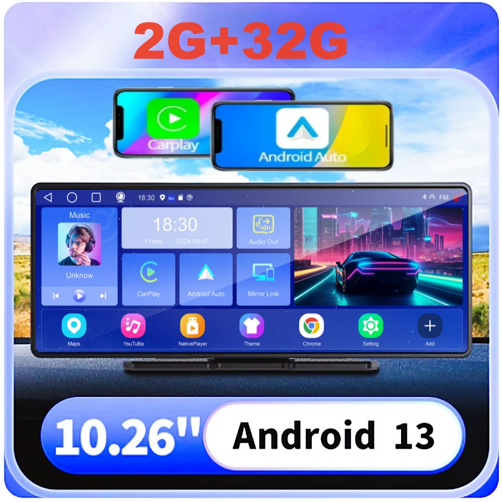 10 26-дюймовый автомобильный видеорегистратор с Android 13 2G + 32G беспроводной CarPlay и Auto