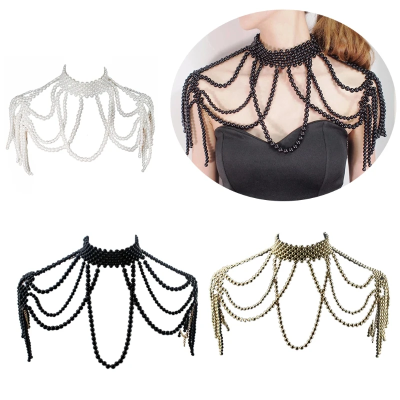 

Simulated Pearl Beads Body Necklace for Women Fake Collar Bib Jewelry Shoulder Chain Tassels Harness Choker Dickey