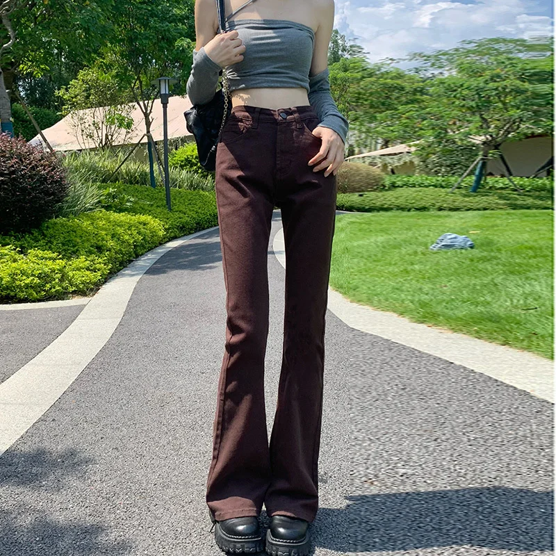 

Женские эластичные джинсы-клеш, облегающие винтажные коричневые джинсовые брюки с высокой талией в Корейском стиле, новинка 2023, y2k, однотонн...