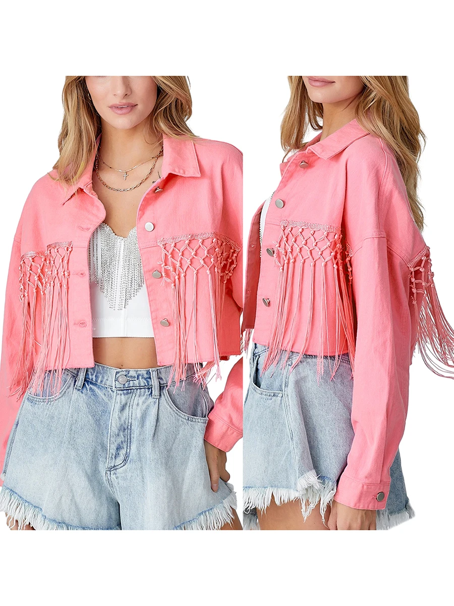 

Women s Oversized Distressed Denim Jacket with Fringe Detail and Ripped Sleeves - Stylish Long Sleeve Jean Coat for Outwear