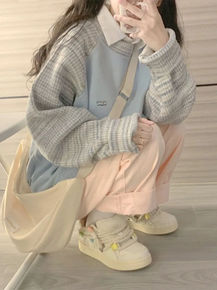 

Женские Пуловеры С Вышивкой Букв в японском стиле, повседневные свободные свитера контрастных цветов в стиле пэчворк, модные вязаные Джемперы в эстетике Y2k