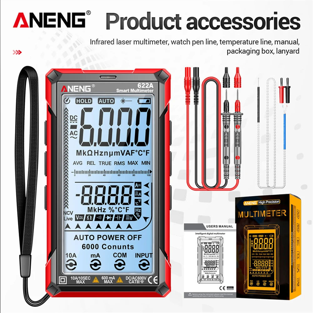 ANENG 622B Digital Smart Multimeter 10A Tester Meter Auto Range True RMS DC/AC 9999 Multitester 6000Count LCD Display Tool
ANENG 622B Digital Smart Multimeter 10A Tester Meter Auto Range True RMS DC/AC 9999 Multitester 6000Count LCD Display Tool