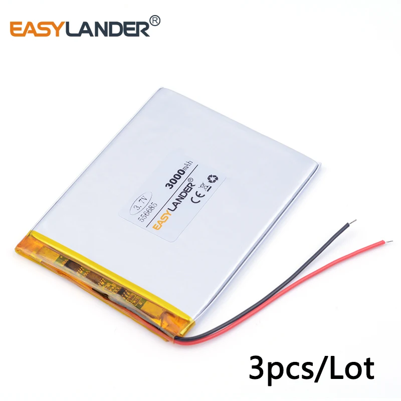 3pcs /Lot 3000mah 556685 3.7v lithium Li ion polymer rechargeableFor MP4 MP5 GPS PAD DIY PSP Mobile Pocket PC E-books Video game
3pcs /Lot 3000mah 556685 3.7v lithium Li ion polymer rechargeableFor MP4 MP5 GPS PAD DIY PSP Mobile Pocket PC E-books Video game
