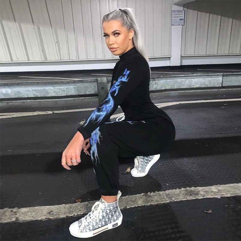 

Lightning Print Sweatpant Ladies Fashion Two-piece suit Black Casual Loose Joggers Baggy High Waist Pants Streetwear 2021 Autumn