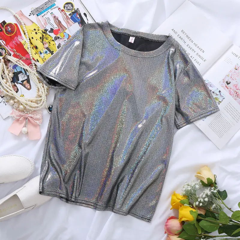 

S-6XL Womens Sparkly Shiny Metallic Holographic Round Neck Short Sleeve Casual Loose Top Festival Party Tee Shirt Female Clothes