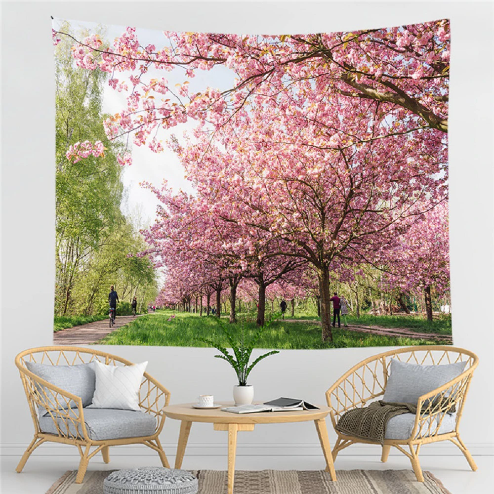 

Nature Sakura Tree Tapestry Pink Japanese Cherry Blossoms Tapestries Spring Sunset Scape Bedroom Living Room Decor Wall Hanging
