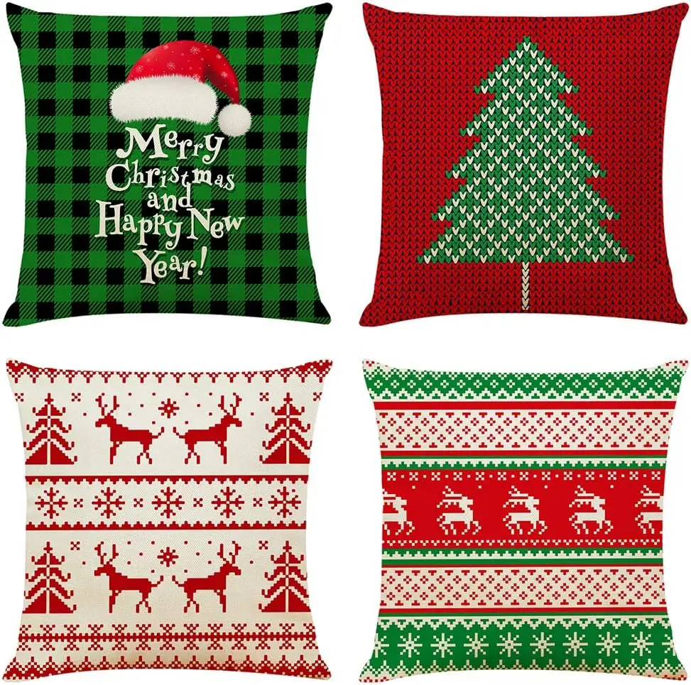 

4PCS 18"x18" Throw Pillow Covers Christmas Decorative Pillow Cases Cotton Linen Square Cushion Covers for Sofa Couch Bed Car