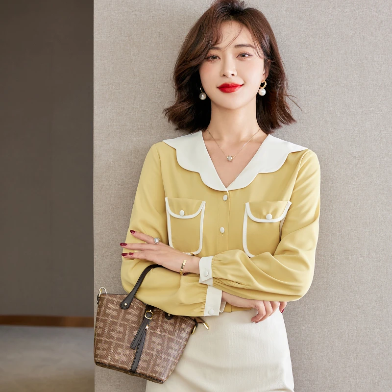 Spring Season New Design Women Tops Polyester Turn-down Collar Casual Yellow 2022 Korean Fashion Shirts Blouses For Women
Spring Season New Design Women Tops Polyester Turn-down Collar Casual Yellow 2022 Korean Fashion Shirts Blouses For Women