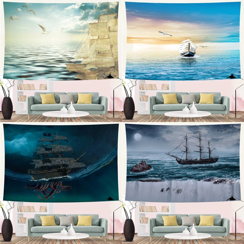 

Blue Sky Sea Landscape Tapestry Ocean Wave Nautical Sailboat Wall Hanging Hippie Bedroom Decoration Polyester Printed Tapestries
