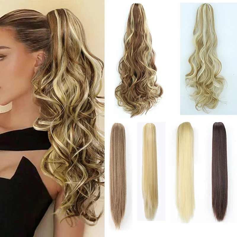 

Synthetic Long Wavy Claw Clip Ponytail Hair Extensions 24inch Natural Curly Ponytail Hairpiece for Women Blonde Brown False Hair