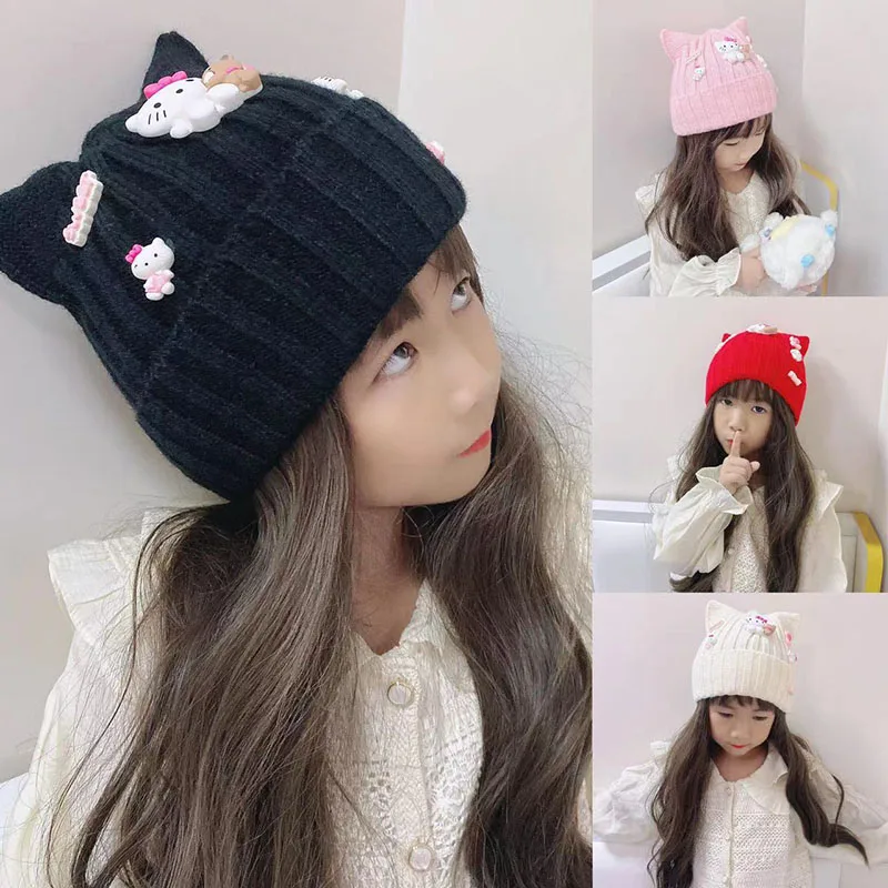 

Кавайные детские шапки Sanrio Hello Kittys, милые аниме-фигурки, игрушки для детей, теплые вязаные Мультяшные кошачьи серьги, креативный подарок