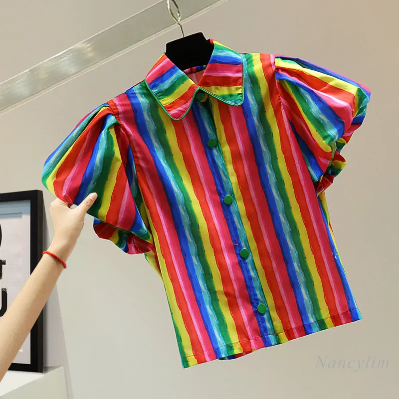 Rainbow Printing Striped Shirts Women Straight Short Sleeve Blouse Summer Korean Style Loose Slimming Buttons Blouse Blusa Femme 
Rainbow Printing Striped Shirts Women Straight Short Sleeve Blouse Summer Korean Style Loose Slimming Buttons Blouse Blusa Femme