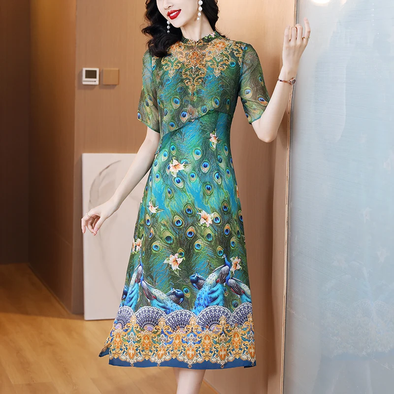 Женское шелковое платье с цветочным принтом, длинная юбка из шелка тутового шелкопряда, лето 2023