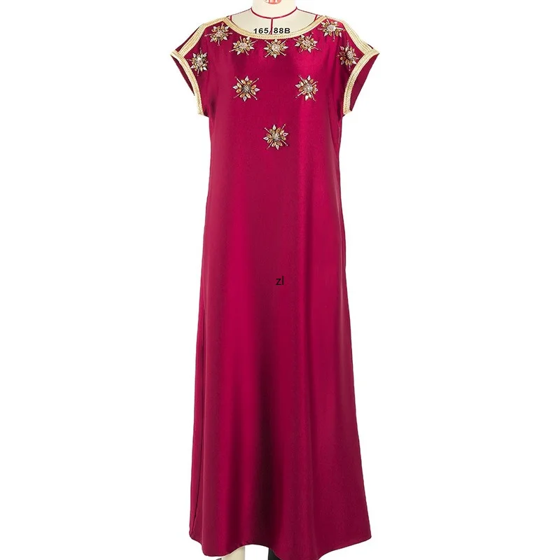 

Vintage Ethnic Maxi Dress Women Satin Burgundy Ribbon Trim Short Sleeve Diamond Floral Loose Belted Arab Dubai Moroccan Caftan