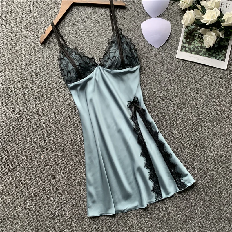 

2022 Woman Ice Silk Sexy Camisole Nightgown V-Neck Lace Imitate Real Silk Nightwear
