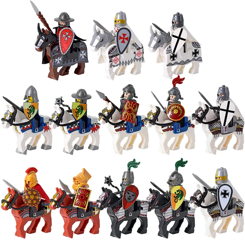 

Medieval Military Castle Knights Figures Set Rome Warrior Armored Soldiers War Horse Army Weapons Shield Sword Helmet Bricks Toy
