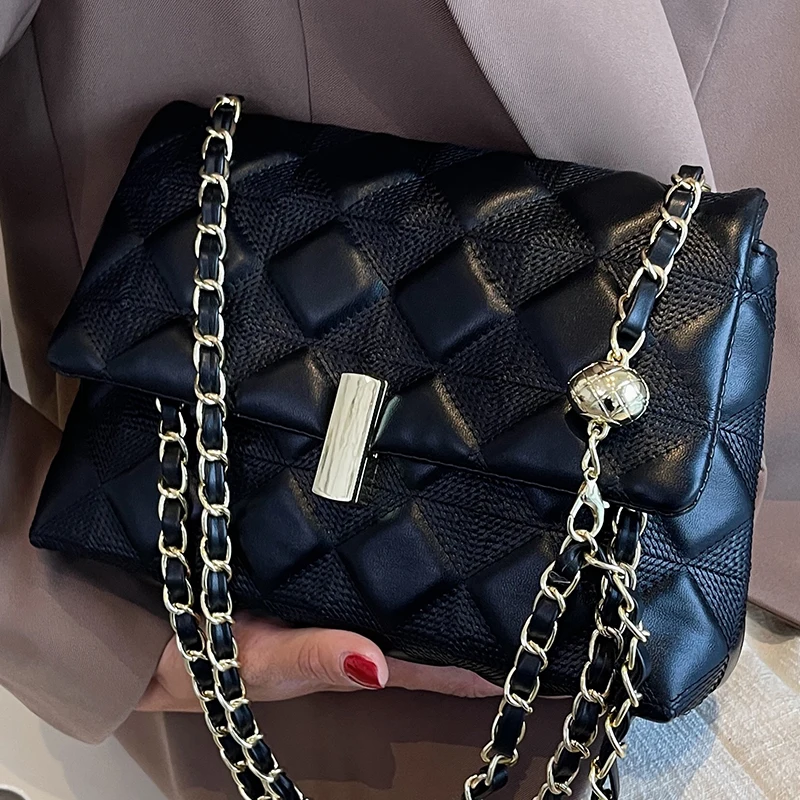 

Female Black Medium Flap Handbag Luxury Metal Chain Women's Pu Leather Shoulder Bags Unique Diamond Lattice Ladies Crossbody Bag