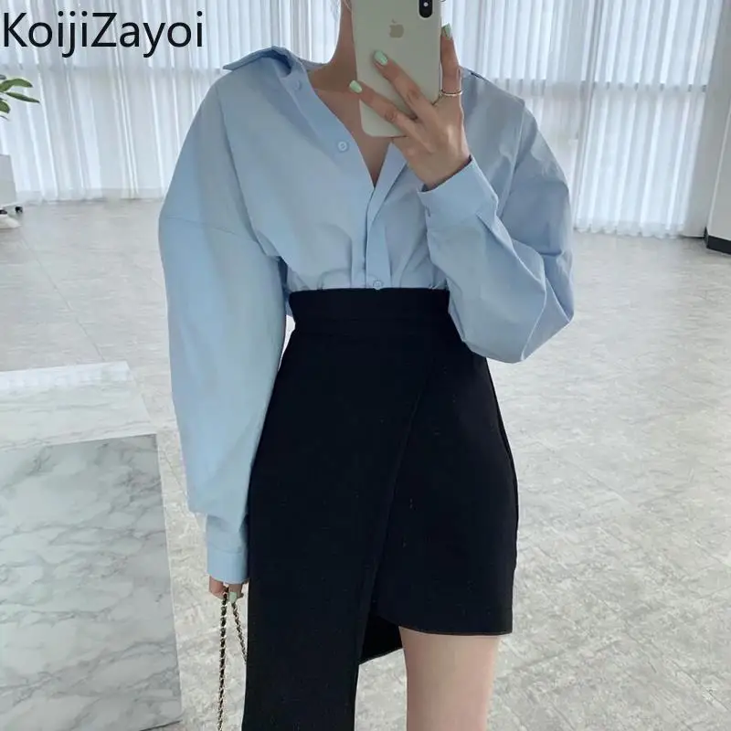 Элегантный женский комплект из двух предметов Koijizayoi, свободная Однотонная рубашка с длинным рукавом, черная Асимметричная короткая мини-юбка, весенний корейский Костюм 2022
Элегантный женский комплект из двух предметов Koijizayoi, свободная Однотонная рубашка с длинным рукавом, черная Асимметричная короткая мини-юбка, весенний корейский Костюм 2022