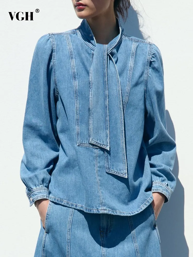 VGH Casual Denim Blouses For Women Round Neck Long Sleeve Pacthwork Lace Up Soild Loose Shirts Female Fashion clothing New Style
VGH Casual Denim Blouses For Women Round Neck Long Sleeve Pacthwork Lace Up Soild Loose Shirts Female Fashion clothing New Style