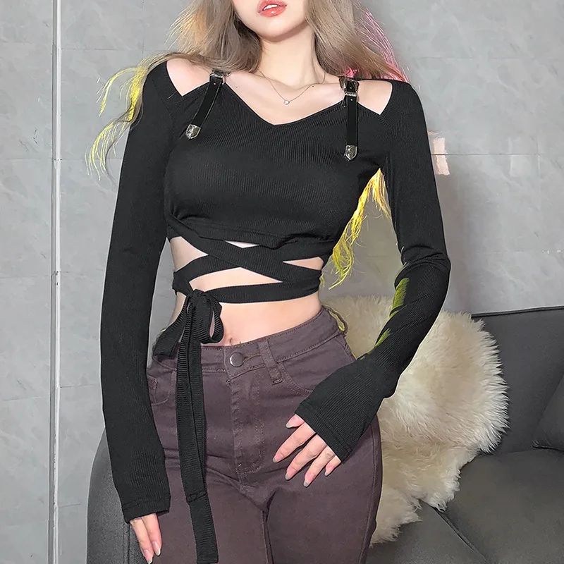 Black Punk Off Shoulder Grunge Black Women T-shirts Goth Bandage Long Sleeve Sexy Crop Tops Bodycon Metal Buckle Clothes
Black Punk Off Shoulder Grunge Black Women T-shirts Goth Bandage Long Sleeve Sexy Crop Tops Bodycon Metal Buckle Clothes