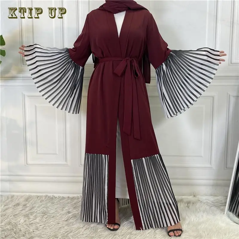 

Middle East Eid Muslim Fashion Spliced Pleated Big Swing Robe Kimono Modest Elegant Cardigan Dubai Abaya For Women Kaftan Arab