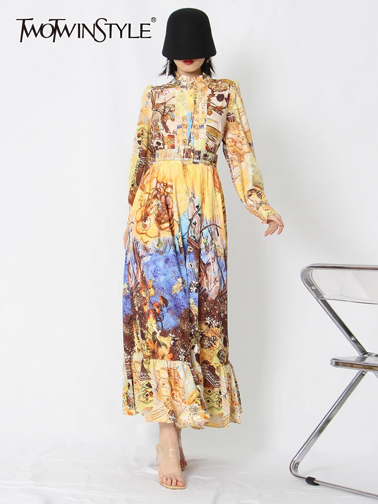 TWOTWINSTYLE Vintage Print Colorblock Dress For Women Stand Collar Long Sleeve High Waist Loose Midi Dresses Female Clothing New
TWOTWINSTYLE Vintage Print Colorblock Dress For Women Stand Collar Long Sleeve High Waist Loose Midi Dresses Female Clothing New