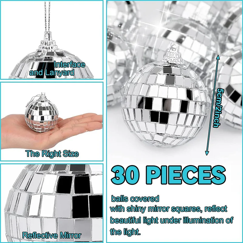 30 PCS Disco Mirror Balls 2 Inches Reflective Mirror Ball Hanging Ball for Christmas Tree Party Home Decorations
30 PCS Disco Mirror Balls 2 Inches Reflective Mirror Ball Hanging Ball for Christmas Tree Party Home Decorations