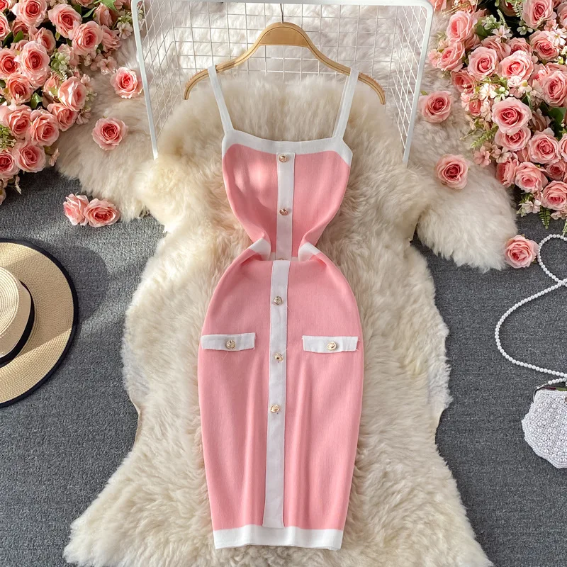 

Женское трикотажное платье с высокой талией, розовая эластичная облегающая трапециевидная юбка на бретелях