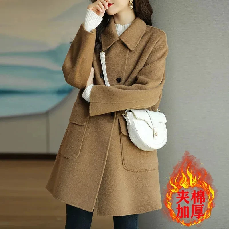 

Женское шерстяное пальто, новинка сезона осень-зима 2023, женское утепленное корейское свободное высококачественное повседневное пальто средней длины из смешанной шерсти, верхняя одежда 4XL