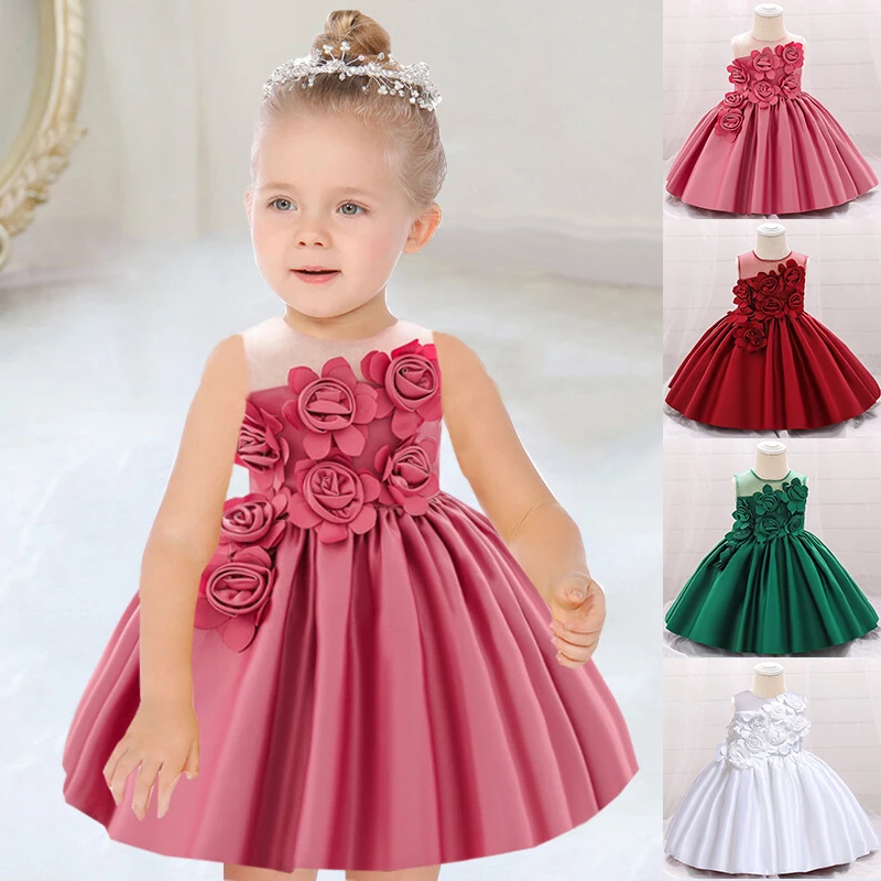 

2023 Baby Girl First Birthday Party Dress 12 Month Newborn Kids Rose Flower Tulle Tutu Clothes Infant Pageant Princess Costume