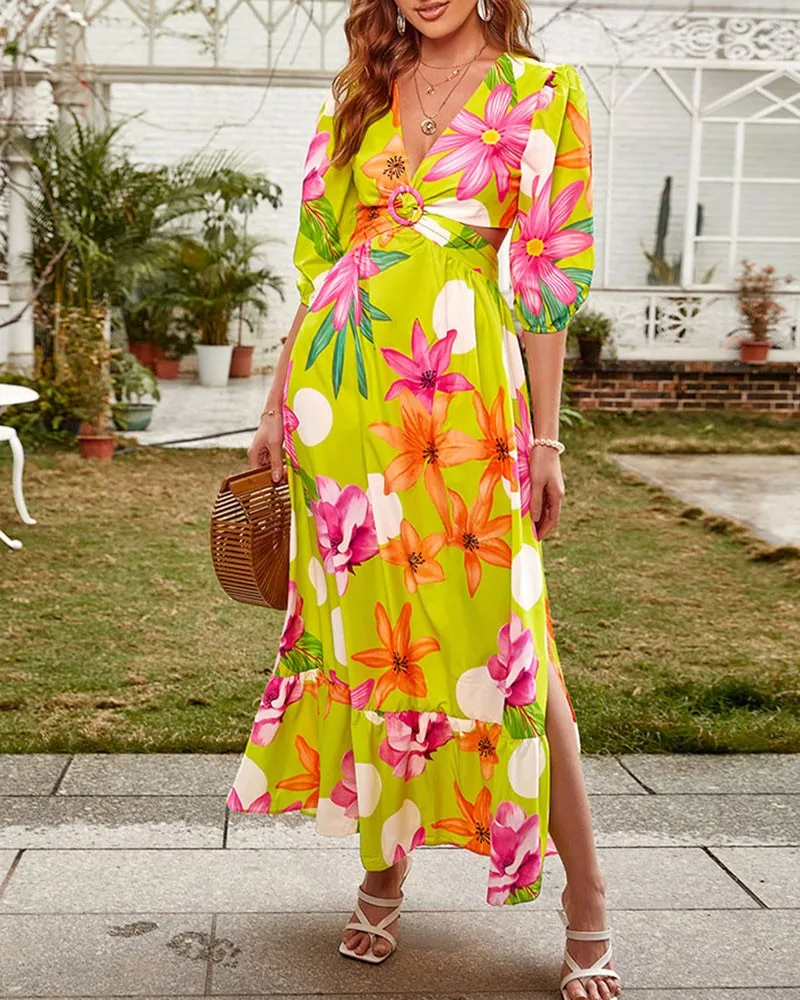 Women Dress Spring Summer Floral Print V-neck Cutout Open Back Tie High Waist A-line Long Ankle Fashion Puff Sleeve Dress
Women Dress Spring Summer Floral Print V-neck Cutout Open Back Tie High Waist A-line Long Ankle Fashion Puff Sleeve Dress