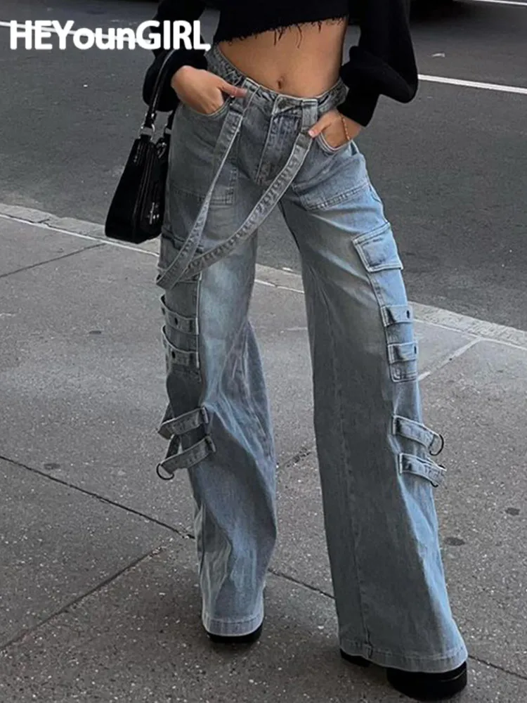 

Модные прямые женские джинсы HEYounGIRL в стиле Харадзюку, уличная одежда, светло-голубые повседневные брюки из денима в стиле гранж, весенние ши...