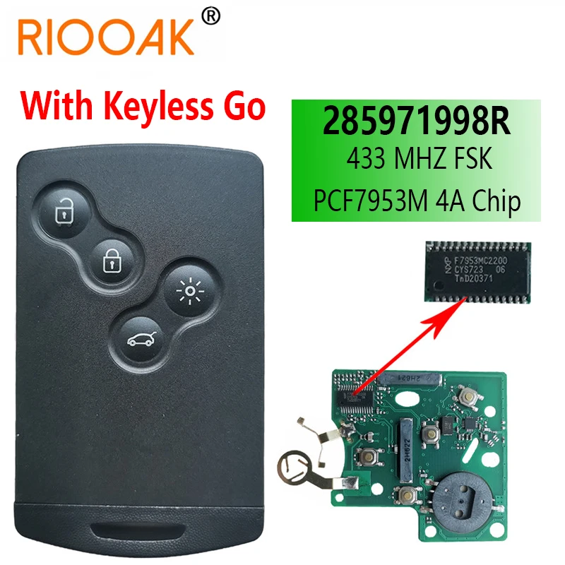 285971998R PCF7953M 4A Chip 433 MHZ Keyless Smart Remote Key For Renault Clio IV Captur 2009 2010 2011 2012 2013 2014 2015 2017 
285971998R PCF7953M 4A Chip 433 MHZ Keyless Smart Remote Key For Renault Clio IV Captur 2009 2010 2011 2012 2013 2014 2015 2017