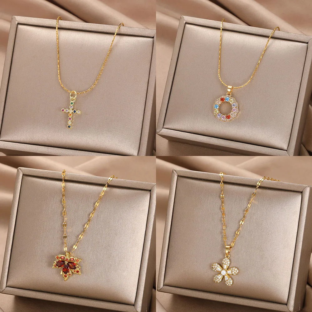 Dainty CZ Cross Leaf Flower Round Necklaces For Women Boho Jewelry Stainless Steel Clavicle Chain Pendants Necklaces Collier
Dainty CZ Cross Leaf Flower Round Necklaces For Women Boho Jewelry Stainless Steel Clavicle Chain Pendants Necklaces Collier