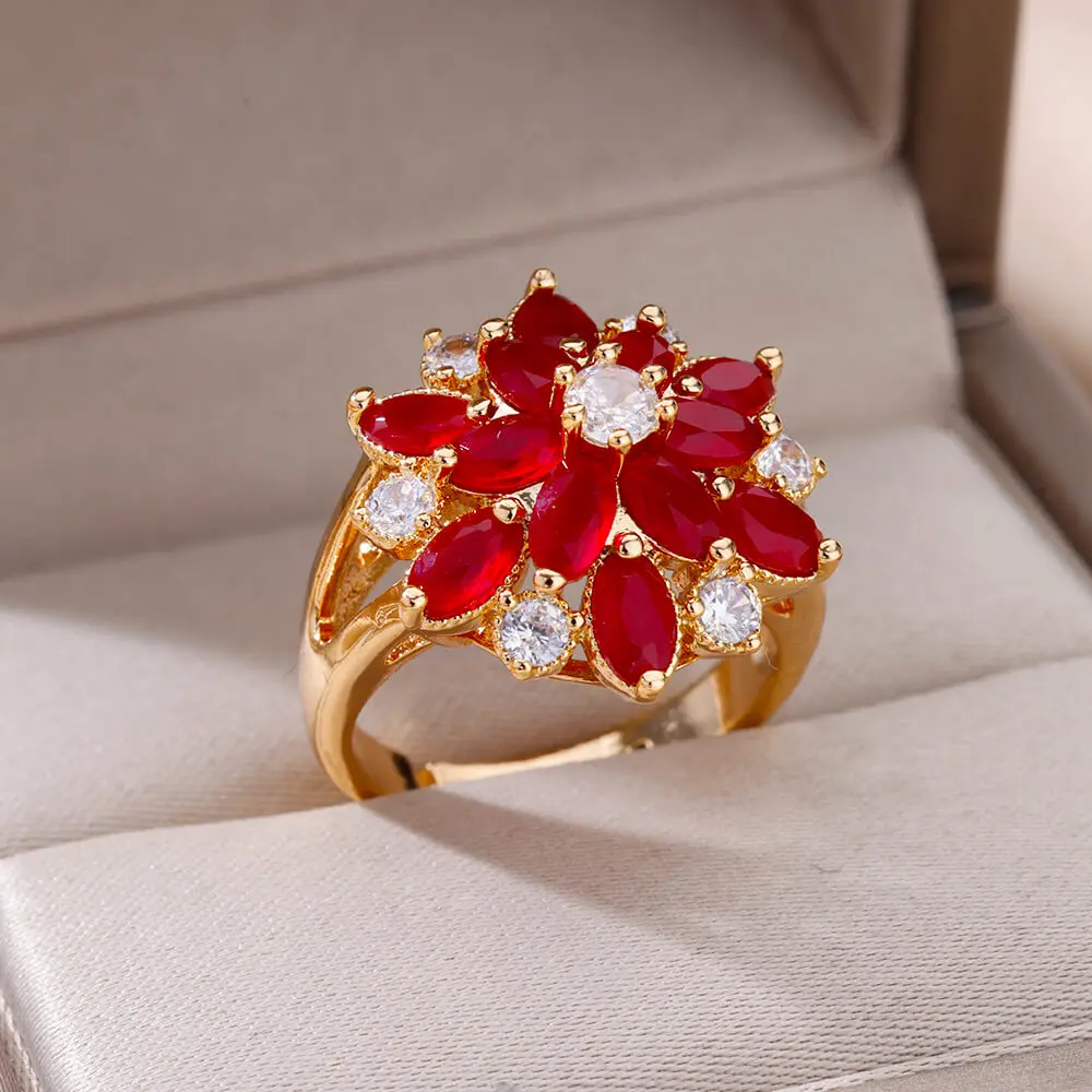 Fashion Red Zircon Flower Rings For Women Open Adjustable Gold Color Stainless Steel Finger Shiny Ring Elegant Jewelry Gift New
Fashion Red Zircon Flower Rings For Women Open Adjustable Gold Color Stainless Steel Finger Shiny Ring Elegant Jewelry Gift New