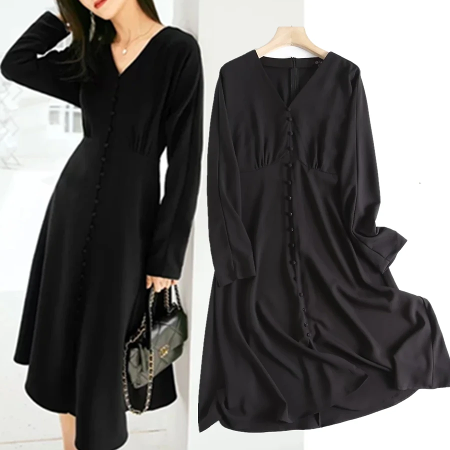 Withered 2023 England Style Fashion Office Lady Elegant Black Buttons V-neck Ruffles Elegant Casual Summer Midi Dress Women
Withered 2023 England Style Fashion Office Lady Elegant Black Buttons V-neck Ruffles Elegant Casual Summer Midi Dress Women