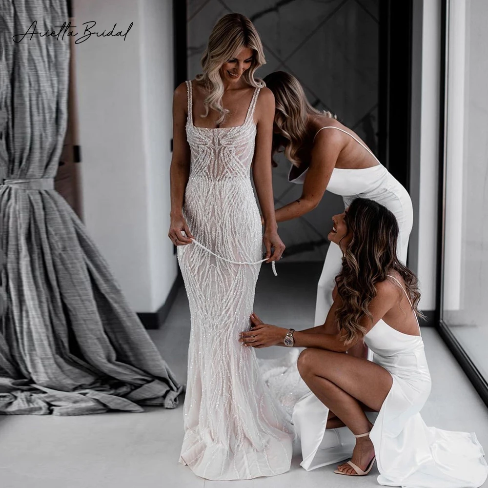Arietta Sexy Beading Tulle Mermaid Wedding Dresses Square Neck Spaghetti Straps Fitted Bridal Gowns Backless Trumpet Bride Dress
Arietta Sexy Beading Tulle Mermaid Wedding Dresses Square Neck Spaghetti Straps Fitted Bridal Gowns Backless Trumpet Bride Dress