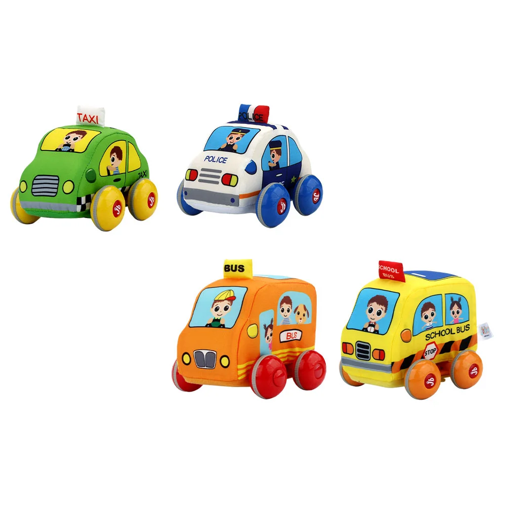 

Back Cars: 4pcs Plush Die Cast Toys Vehicles Friction Powered Toys for Boys Kids ( School Bus Bus Taxi )