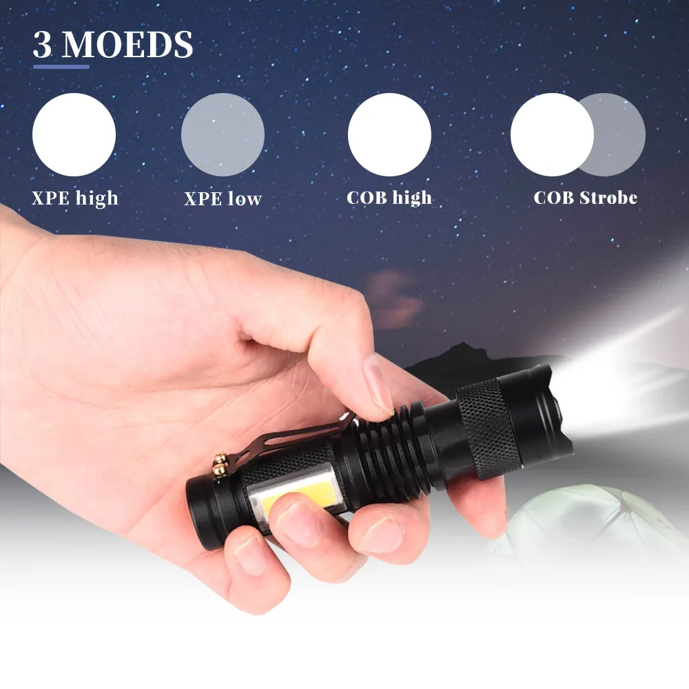 

Portable LED Flashlight Q5 +COB Mini Black Waterproof Zoom LED Torch Penlight Use AA 14500 Battery Lighting Lanterna Latarka