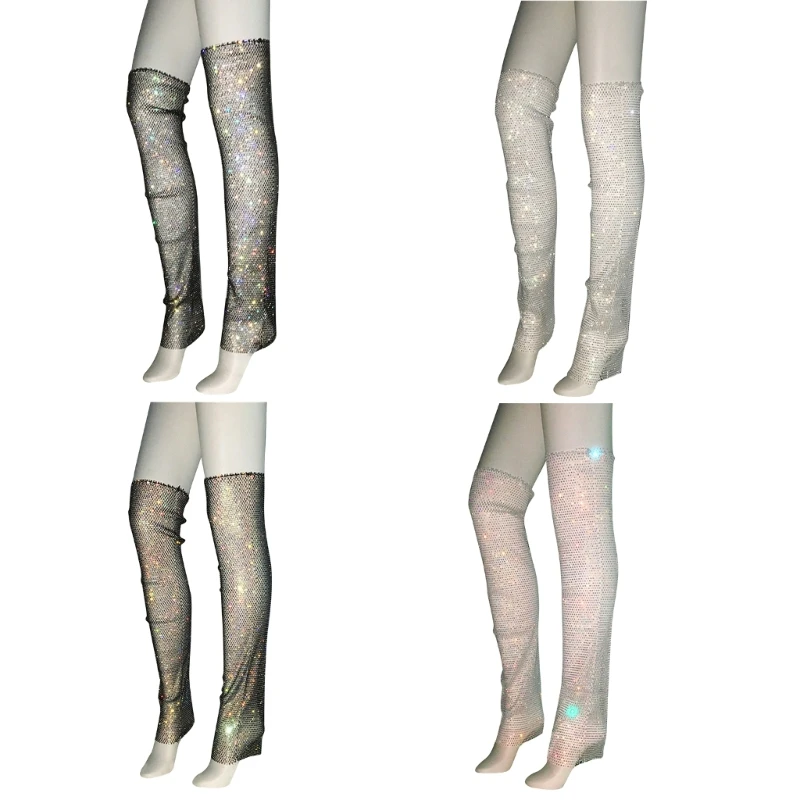 

2023 New Women Shiny Rhinestones Mesh Long Socks See-Through Fishnet Thigh High Over Knee Leg Warmer Foot Cover Clubwear