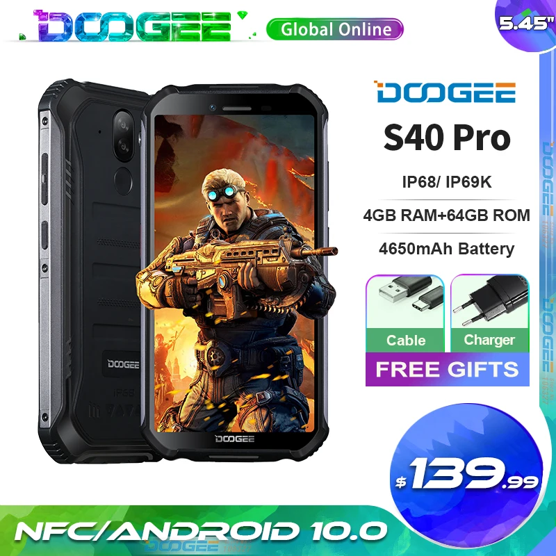 

DOOGEE S40 Pro Smartphone 4GB + 64GB Octa Core 13MP IP68/IP69K Mobile Phone 5.45'' HD+ Android 10 4650mAh NFC 4G LTE Cellphone