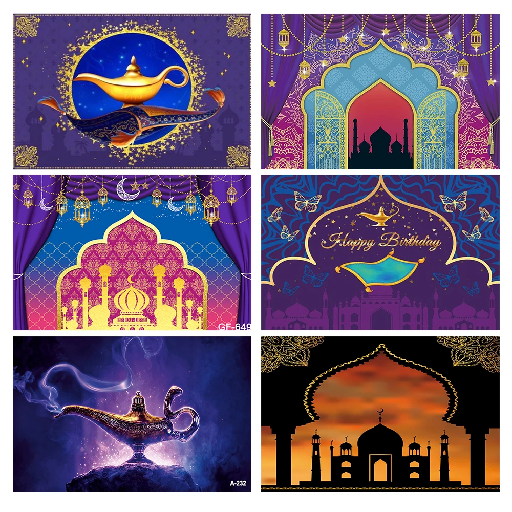 Magic Arabian Night Genie Backdrop Pruple Birthday Party Banners Aladdin Indian Lamp Photography Background Table Decoration
Magic Arabian Night Genie Backdrop Pruple Birthday Party Banners Aladdin Indian Lamp Photography Background Table Decoration